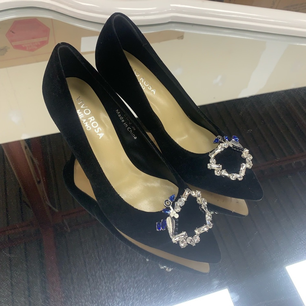 Crystal Buckle Kitten Stiletto Heel Pumps in Black Velvet and Leather Sole